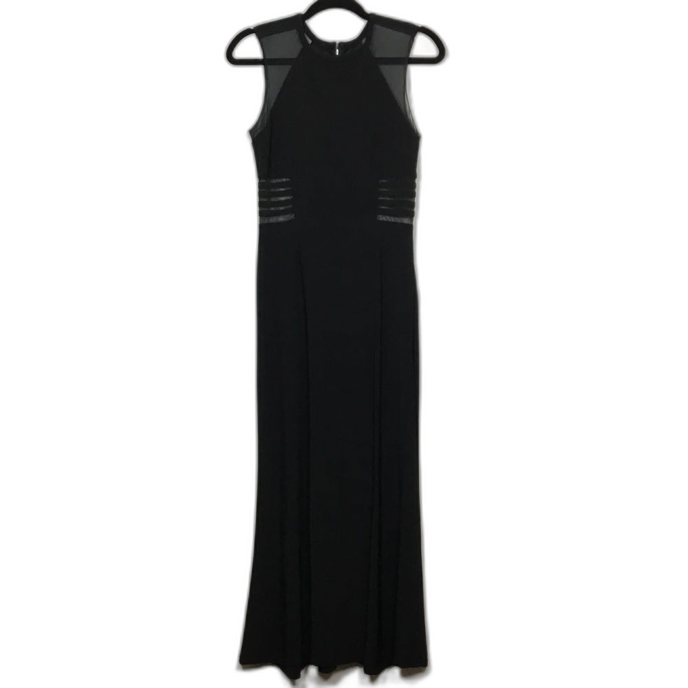 Black formal gown sleeveless stretchy mesh waist and shoulder detail size 6
